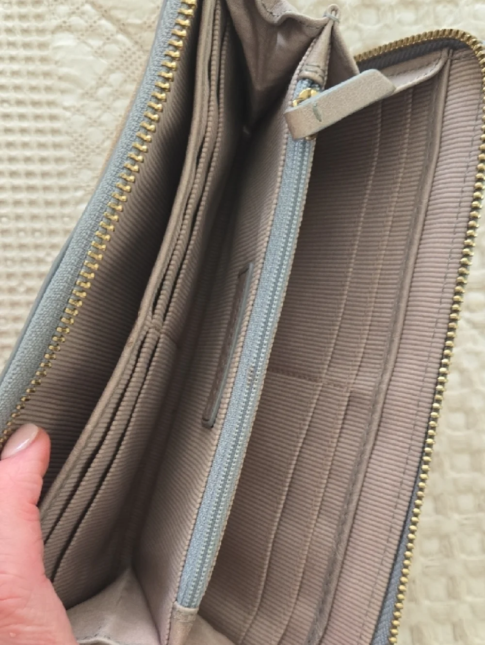 margot Taupe Leather Zip Wristlet Wallet with Blue Trim Normcore Anthropologie
